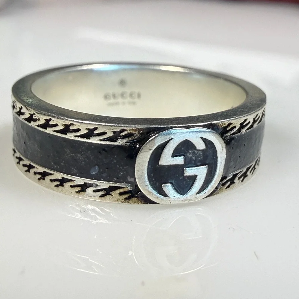 Gucci 745573 Interlocking GG Black Resin Sterling Silver Ring Size 19 US 8 3/4